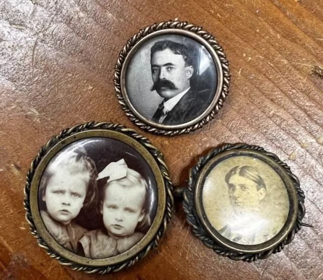 Lot 3 Antique Tiny Photo Frame Brooches Pins Miniature Man w BIG Mustache 1 1/8