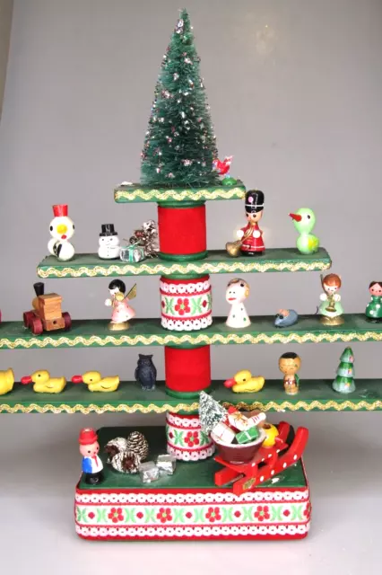 Vintage Bottle Brush Primitive Wooden Christmas Tiered 12" Tree Ornaments Japan
