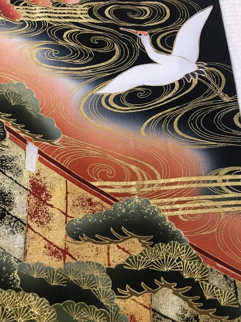 @@ Vintage Japanese kimono silk fabric/ tomesode black/ cranes, pine tree AP37 6