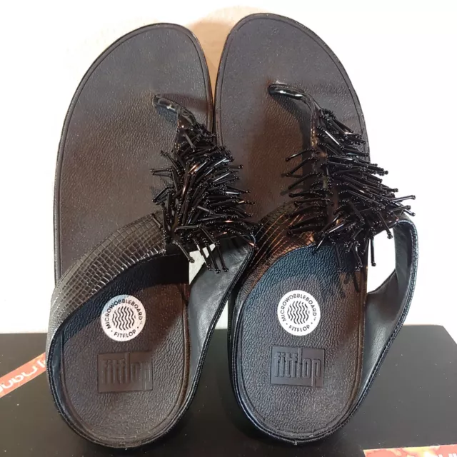 Fitflop Cha Cha Sandal Womens 8 Sapphire Black Beaded Thong Flip Flop Wedge Shoe
