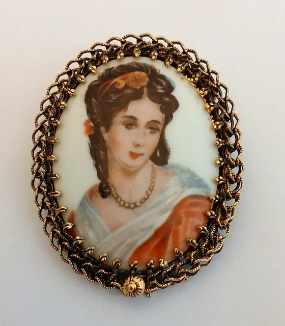 Broche Ancienne En Céramique De Limoges - Plaqué Argent, Belle Qualité, Occasion