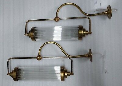Pair Antique Old Vintage Art Deco Brass & Glass Rod Ship Light Wall Sconces Lamp