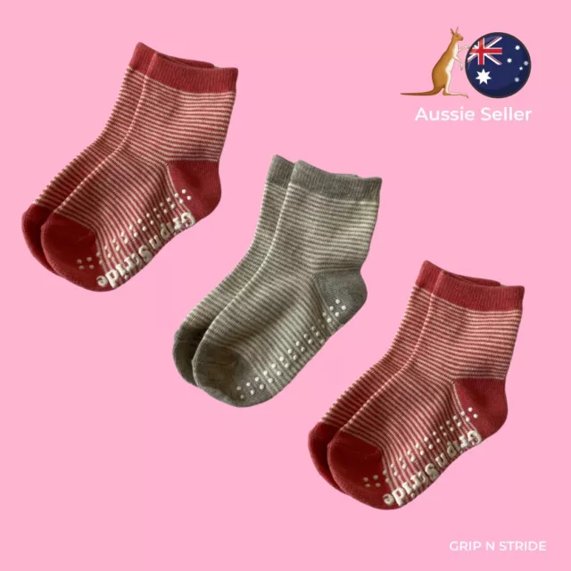 3 Pairs - 2 x Pink + 1 x Grey Striped Grip n Stride Non-Slip Baby Toddler Socks