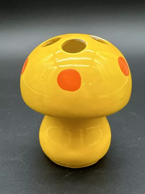 Vtg Mid Century Toothbrush Holder Mushroom Ceramic Yellow & Orange Polka Dot