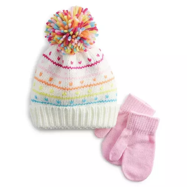 Elli Toddler Girl 2T-4T Multi Heart Stripe Beanie Hat & Pink Mittens Set NEW