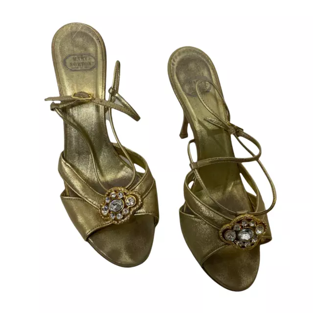 Mary Norton Italian Heels Gold Leather Rhinestone Crystal Slingback Sandal Sz 6