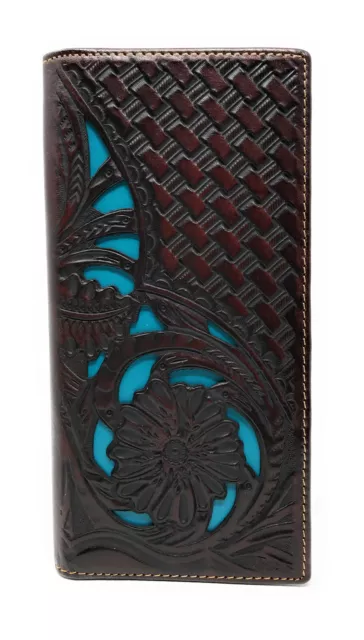 Western Genuine Leather Tooled Laser Cut Basketweave Men's Long Bifold Wallet in 2