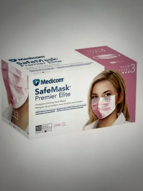 5 BOXES. MEDICOM 2046 SafeMask Premier Elite Pink Face Masks. Level 3.