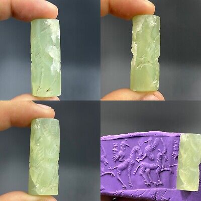 Beautiful Near Eastern Green Jade Stone Intaglio Cylinder Seal Stamp Bead Amulet