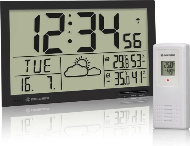 Bresser Jumbo LCD With Outdoor Weather Station Wall Clock 7001800CM3000 Black