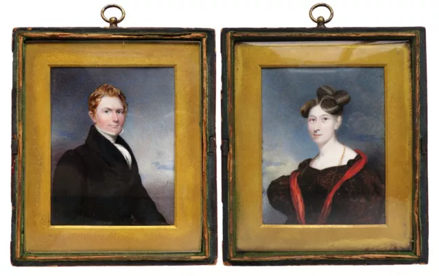 Antique c. 1830 AMERICAN SCHOOL Portrait Miniatures of HUSBAND & WIFE Unsigned