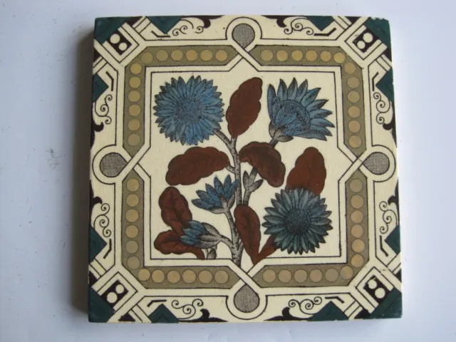Antique Victorian Print & Tint Floral Wall Tile -  Blue Daisies