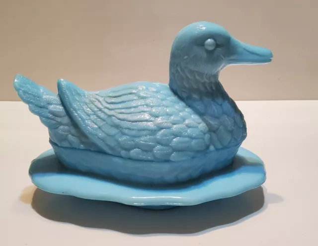 Vintage Blue Milk Glass Duck On Base Covered Dish Folded in Wings Solid Eyes