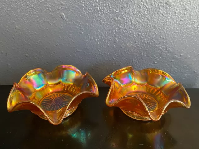 Pair Of Vintage  Iridescent Marigold Carnival Glass Bowl-Accordion Ruffled Base