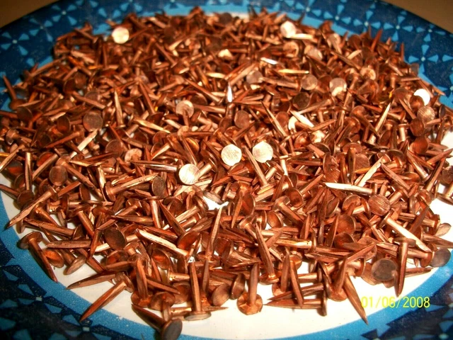 60 VINTAGE 7/16” LONG SOLID COPPER TACKS sharp point's 3/16” WIDE flat head, NOS