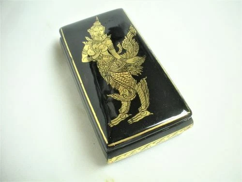Thai KINNARI Gold & Black Lacquer BOX Hindu LOVE BIRD GODDESS Thailand Burmese