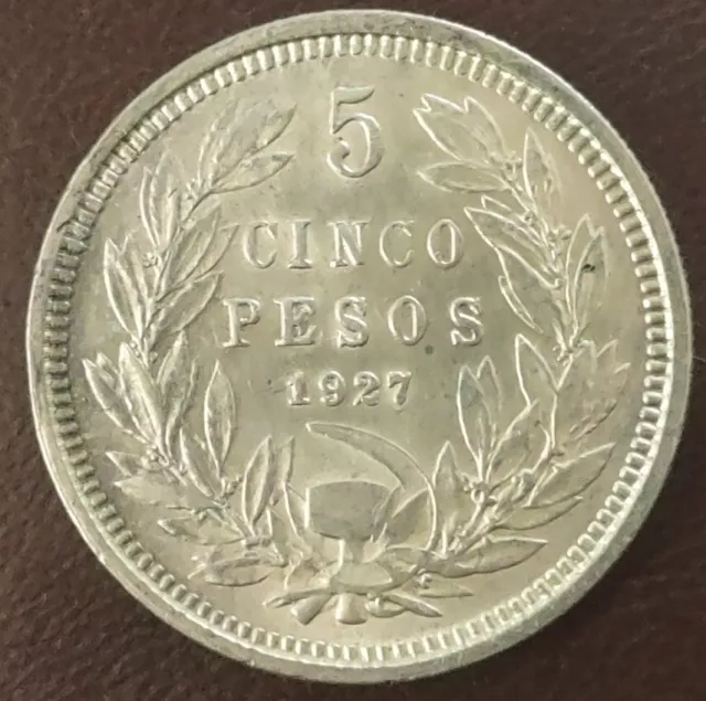 1927 Chile 5 Five Pesos Silver Coin (U8)