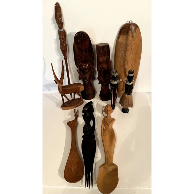 Vintage Hand Carved Wooden Ethnic Tribal Mask Figurines Spoon Lot
