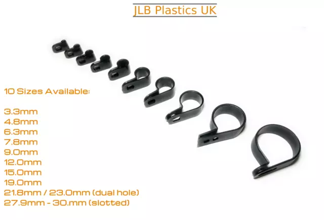 Black Nylon Plastic P Clip Fastener Clamp, Hose Conduit Tubing Cable Tidy