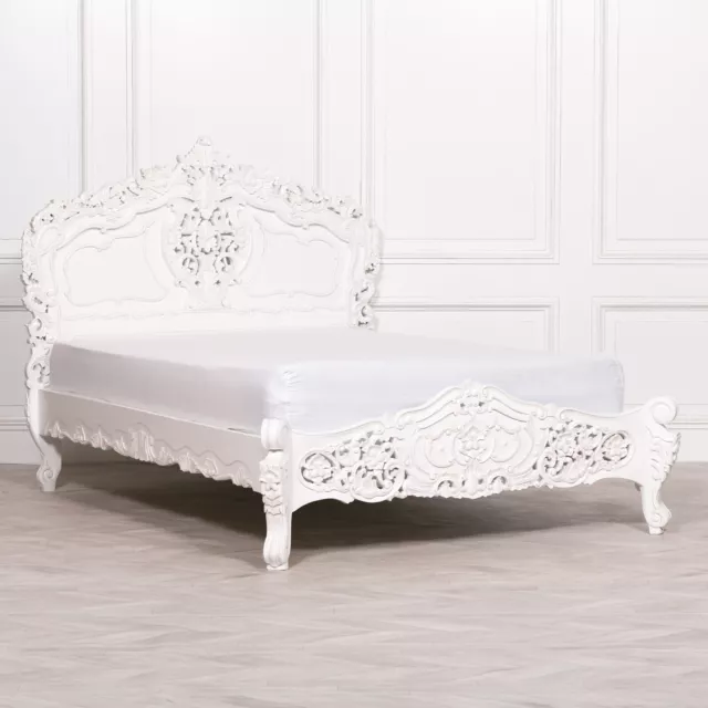 Ornate French Style Rococo Off White Painted 5ft King Wooden Mahogany Carved Bed