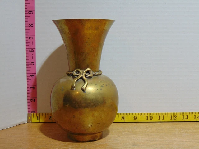 Brass Vase Urn With Tied Rope and Bow Detail 8" Tall made in India