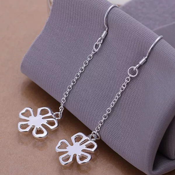 925 Silver Clover Flowers Dangle Drop Earrings Womens Fashion Retro Jewelry