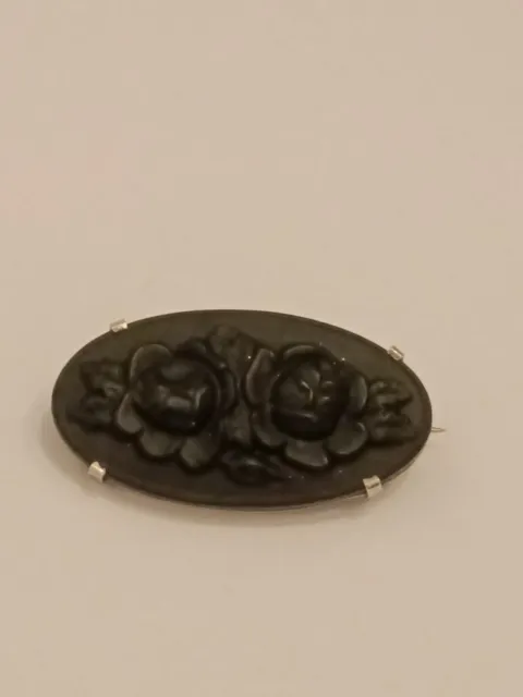 Antique Whitby Jet Brooch Victorian Black Carved Rose Leaf Flower Mourning Pin