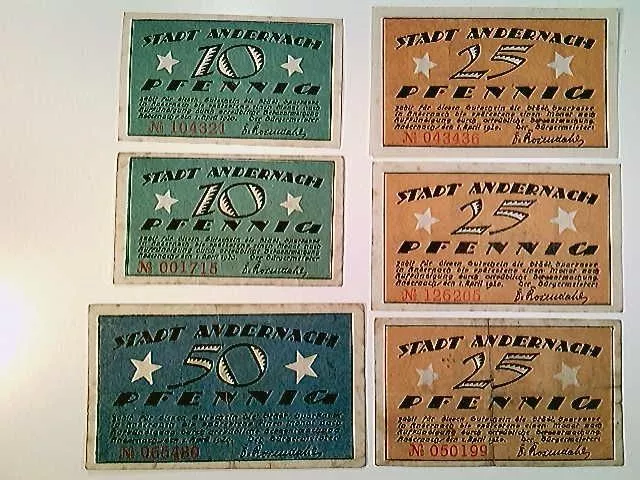 Notgeld Stadt Andernach, 2x 10, 3x 25 und 1x 50 Pfennig, 1920