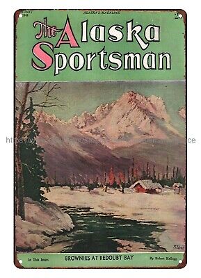 gym signs 1949 The Alaska Sportsman magazine cover mountain cabin metal tin sign