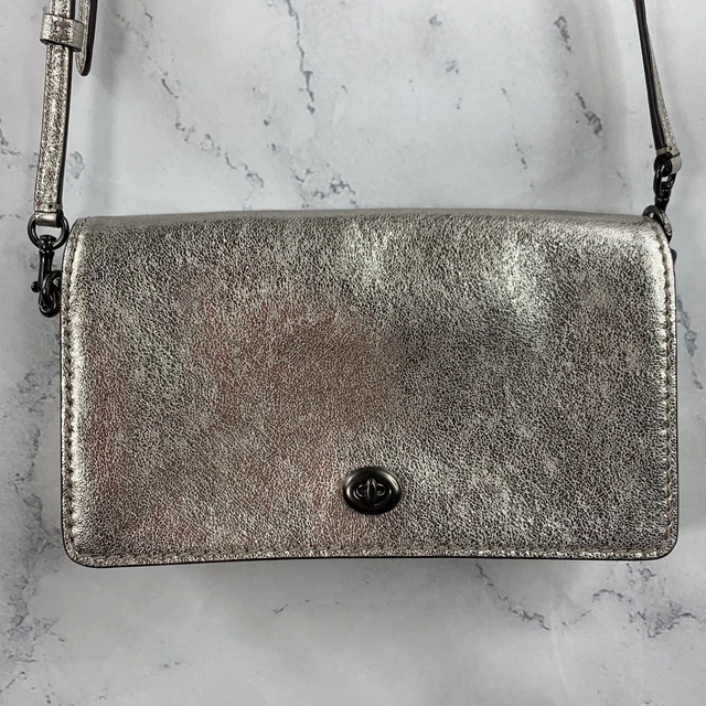 Coach crossbody kiss lock 1941 Dinky Platinum Pewter Metallic Leather Bag 35521