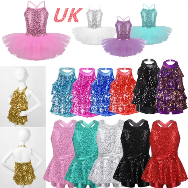 UK Girls Shiny Sequins Ballet Dance Tutu Dress Leotard Jazz Performance Costume