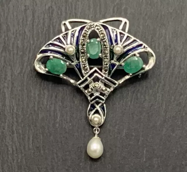 Broche Art Nouveau Émeraude, Markassite, Perle & Émail 925er Argent