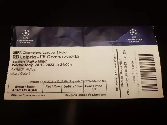 Red Bull Leipzig Red Star Belgrade 25/10/2023 Champions League football ticket