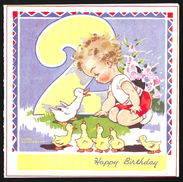 Vintage Agnes Richardson Birthday Greetings Card Child Ducks Chicks Photochrom