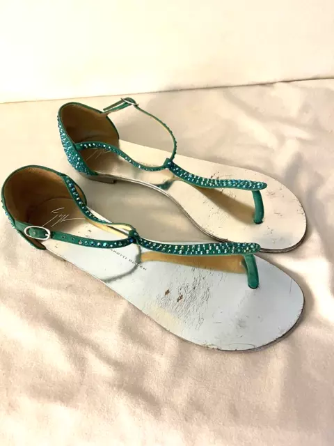 Giuseppe Zanotti Crystal Embellished Turquoise Suede Flat Sandals Sz 41 IT 10 US