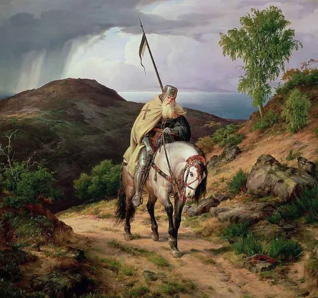 Oil painting Last Crusader old soldier with white horse horseman in landscape