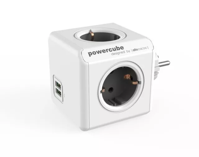 allocacoc PowerCube Duo USB Original Grau, Reiseadapter mit Überspannungsschutz