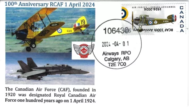 RCAF 100th Anniversary Cover 1 April 2024 INVERTED Overprint on 1808 single- CAS