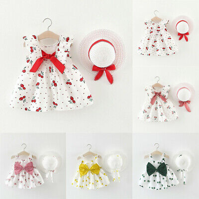 Cute Cherry Bow Hat Outfits Toddler Baby Kids Girls Sleeveless Princess Dress