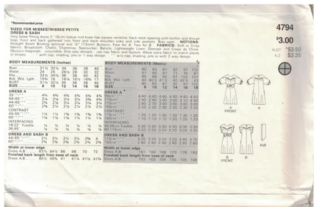 4794 UNCUT Vintage Butterick SEWING Pattern Misses Very Loose Fitting Dress OOP 2