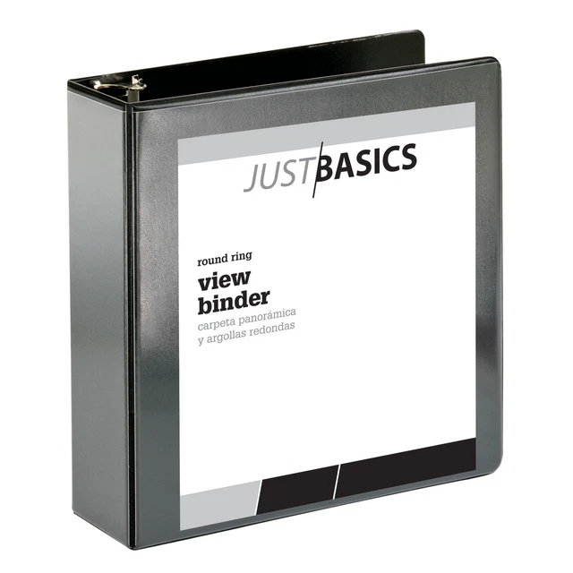 Just Basics Basic View 3-Ring Binder, 3" Round Rings, Black