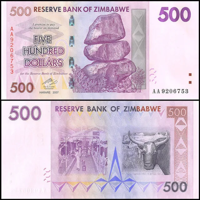Zimbabwe 500 Dollars 2007 Banknote UNC Uncirculated AA+ P-70