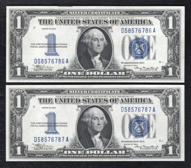 (2) Consecutive Fr. 1606 1934 $1 “Funnyback” Silver Certificates Gem Unc