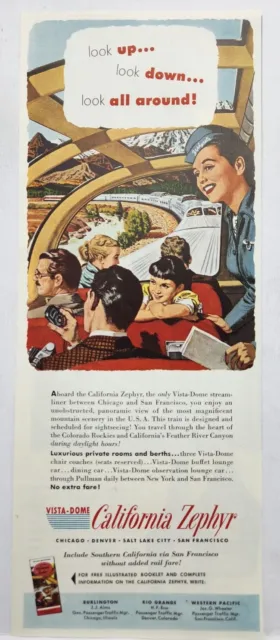 1953 California Zephyr Streamliner Train Railroad Vista Dome Print Ad Man Cave