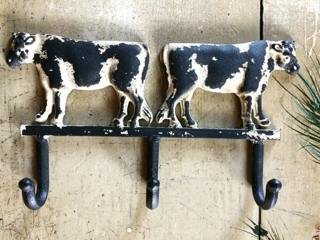Primitive Cast Iron Cow Wall 3 Hook Towel Hat Coat Garden Country Farmhouse