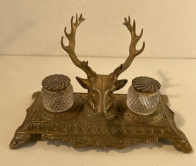 Antique Bradley Hubbard Victorian Brass Stag Deer Antler Pen Inkwell Tray