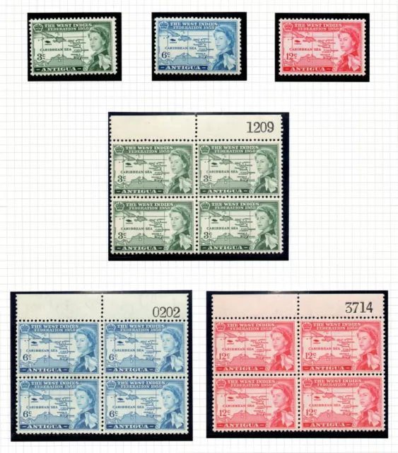 Antigua 1958 British Caribean Federation set, MNH blocks (SG 135/137)