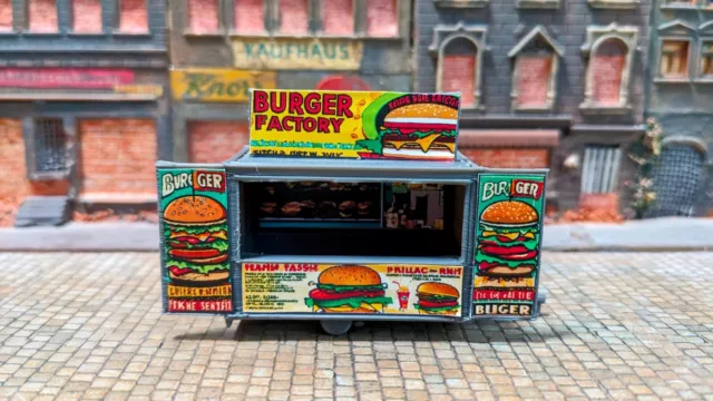 Stand di Carnevale " Burger Factory " Essen Foodtruck per Lunapark Rummel H0 Kit