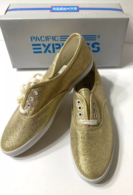 Vintage PACIFIC EXPRESS Womens GOLD TENNIS SHOES 7 Lace Up NEW Sneakers BOX