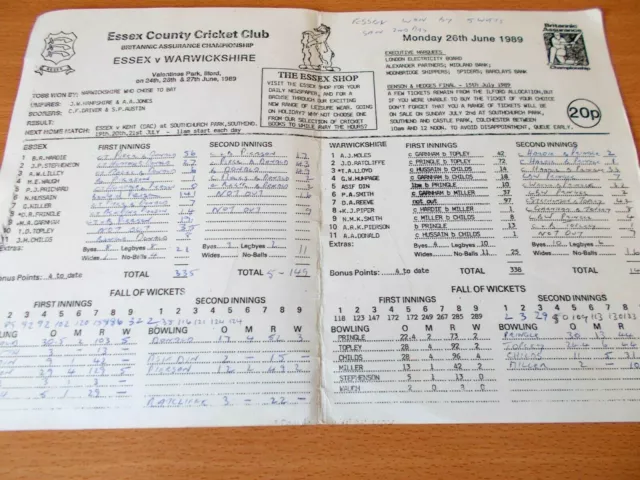 Essex v Warwickshire scorecard dated 24/26/27-6-1989.  (413)